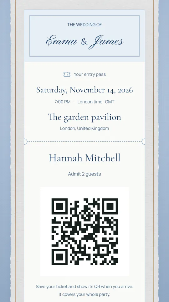 A guest’s entry pass with their name, party size and QR code