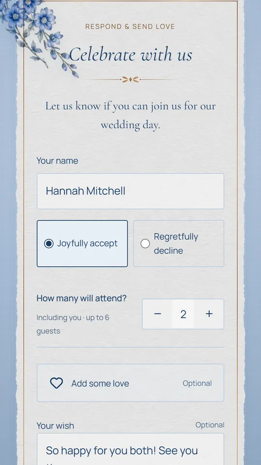 A guest replying to an invitation: attending, with a party of two and a wish